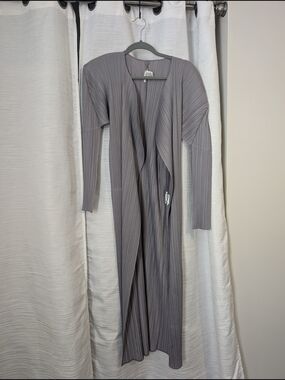 Issey Miyake Long Pleated Open-Front Jacket Coat in Gray